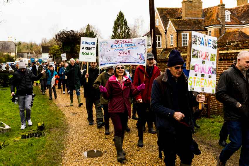 March against 4x4s in chalk stream at Droxford
